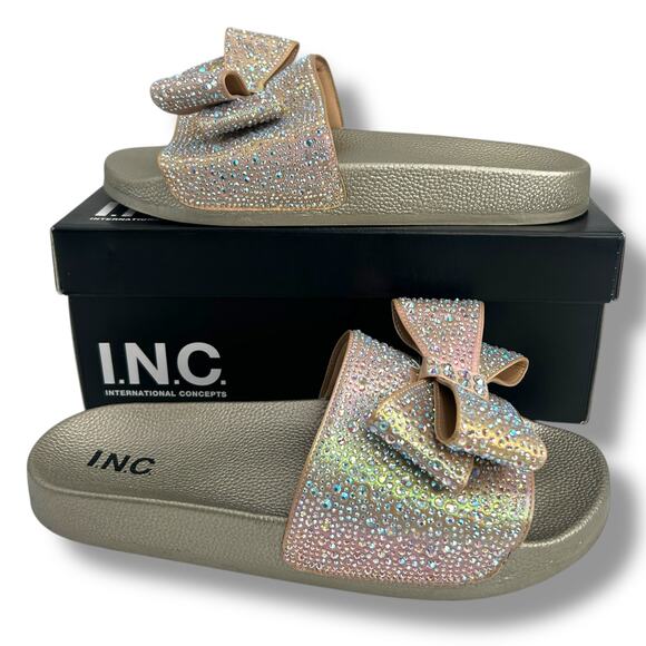 INC International Concepts Rhinestone Bow Slides Size 11 Holo Sandals FLAW - Picture 7 of 10